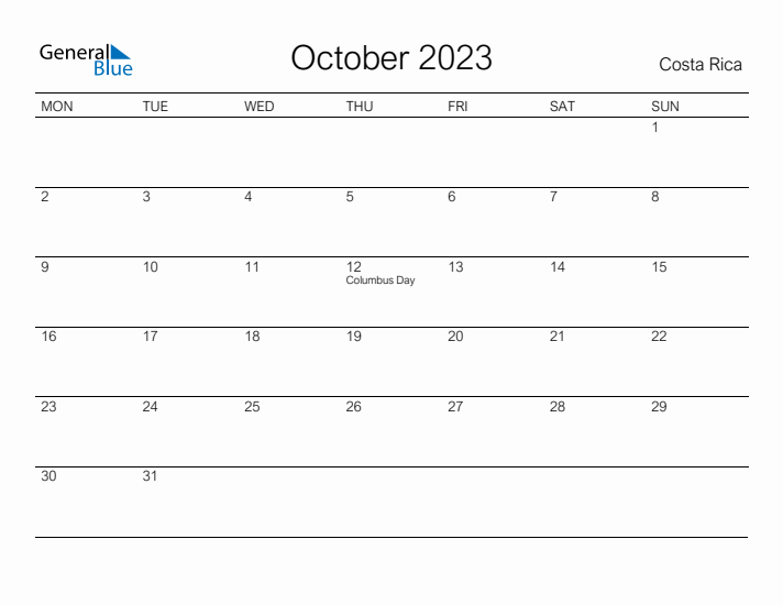 Printable October 2023 Calendar for Costa Rica