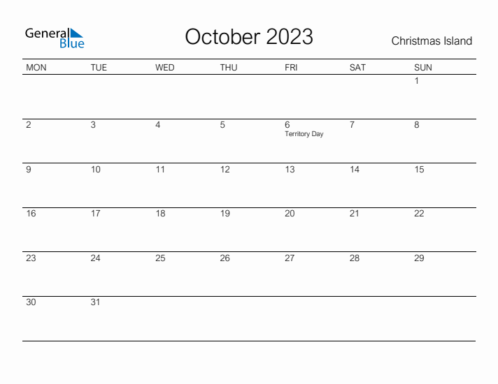 Printable October 2023 Calendar for Christmas Island