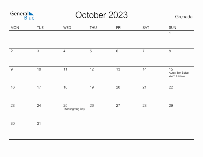 Printable October 2023 Calendar for Grenada