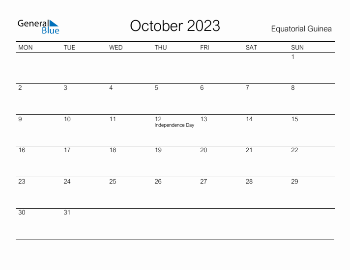Printable October 2023 Calendar for Equatorial Guinea