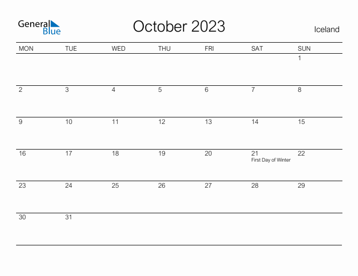 Printable October 2023 Calendar for Iceland