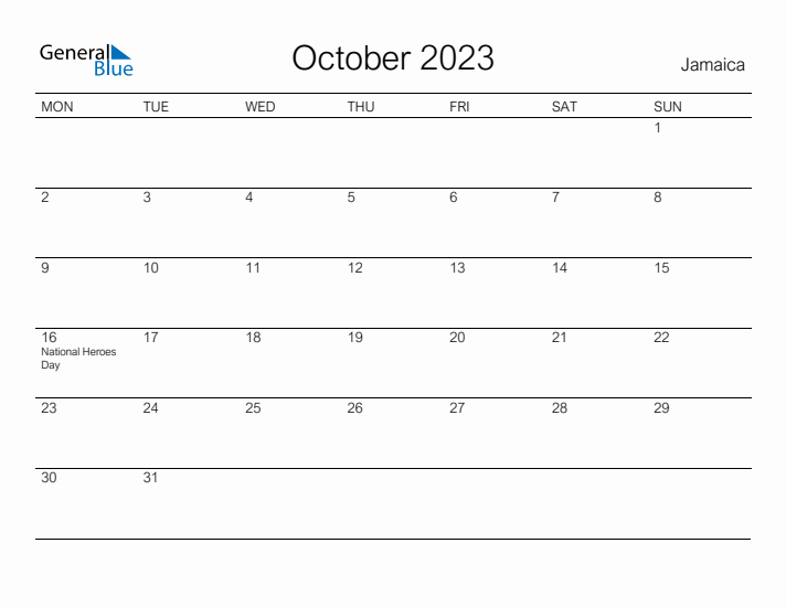 Printable October 2023 Calendar for Jamaica