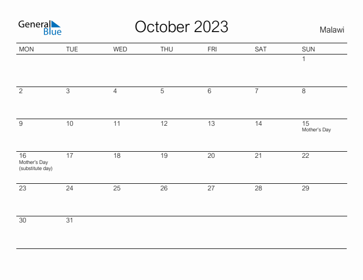 Printable October 2023 Calendar for Malawi