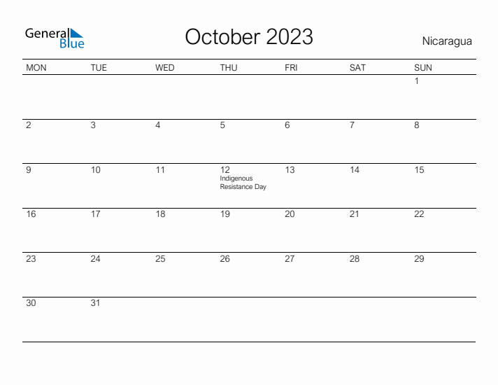 Printable October 2023 Calendar for Nicaragua