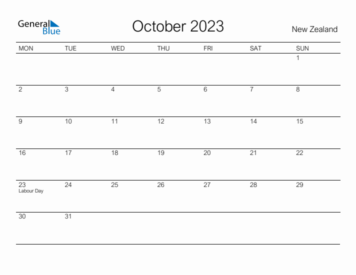 Printable October 2023 Calendar for New Zealand