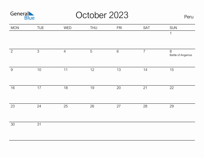 Printable October 2023 Calendar for Peru