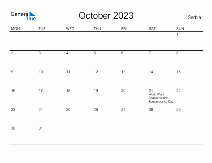 Printable October 2023 Calendar for Serbia
