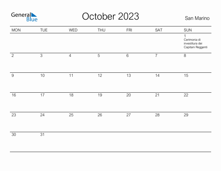 Printable October 2023 Calendar for San Marino