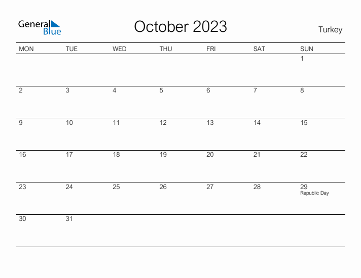 Printable October 2023 Calendar for Turkey