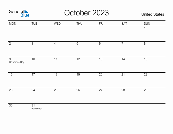 Printable October 2023 Calendar for United States
