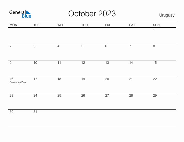 Printable October 2023 Calendar for Uruguay