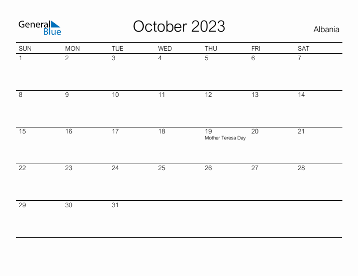 Printable October 2023 Calendar for Albania
