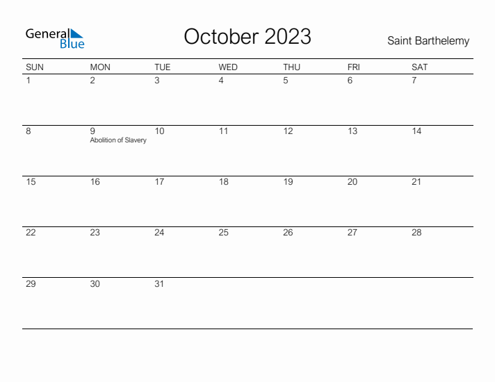 Printable October 2023 Calendar for Saint Barthelemy