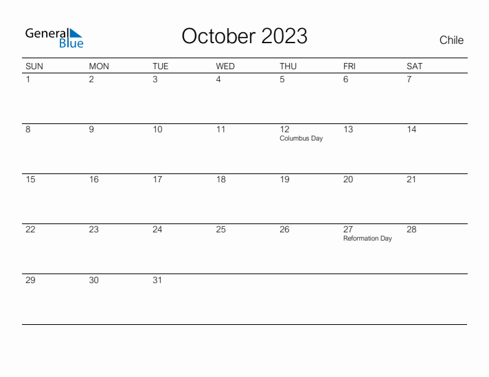 Printable October 2023 Calendar for Chile