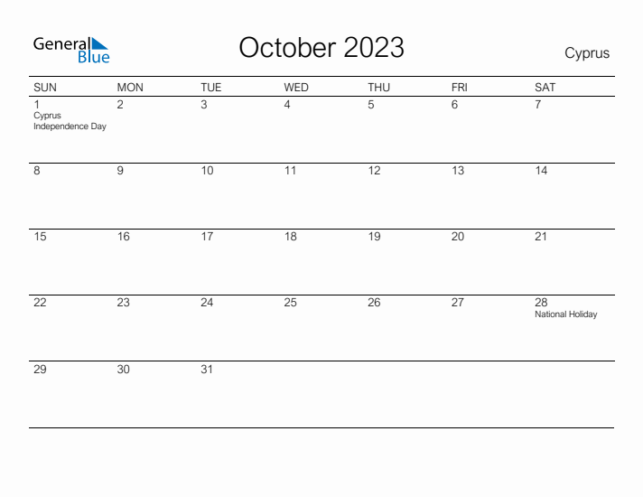 Printable October 2023 Calendar for Cyprus