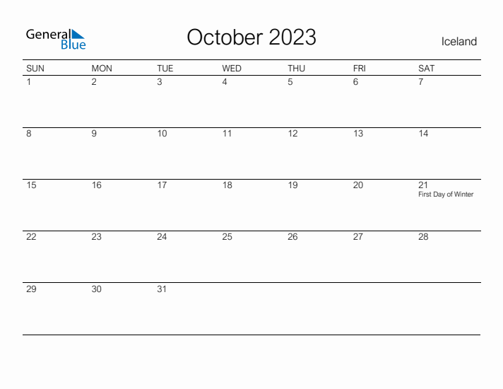 Printable October 2023 Calendar for Iceland