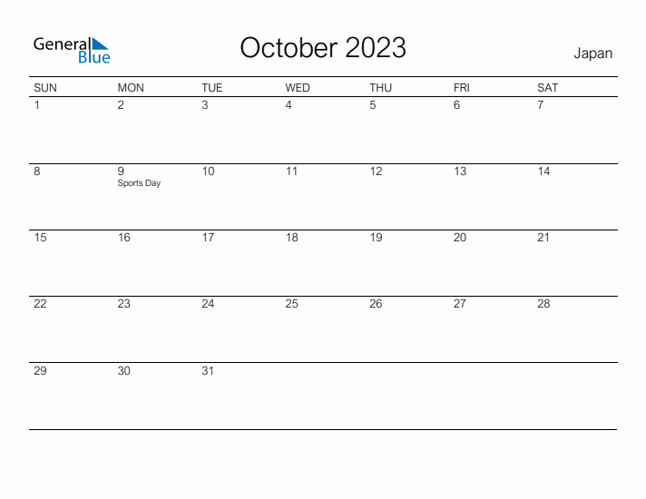 Printable October 2023 Calendar for Japan