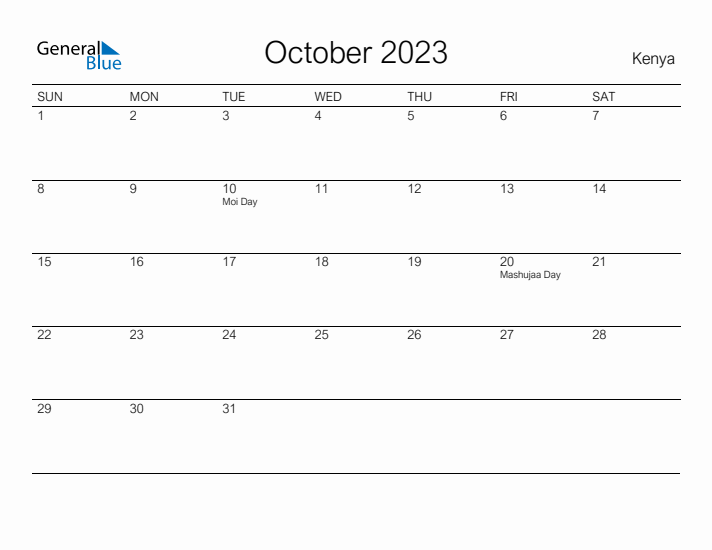 Printable October 2023 Calendar for Kenya