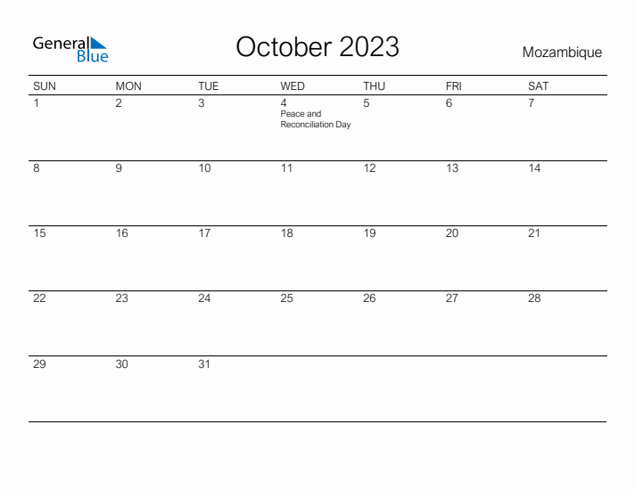 Printable October 2023 Calendar for Mozambique