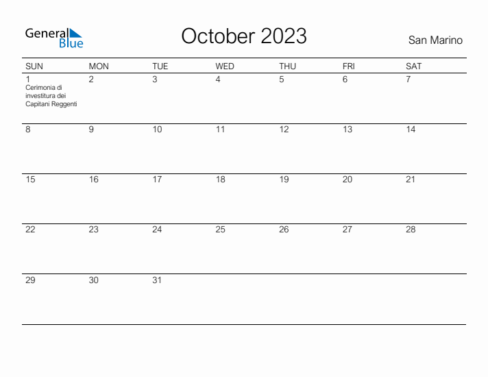 Printable October 2023 Calendar for San Marino