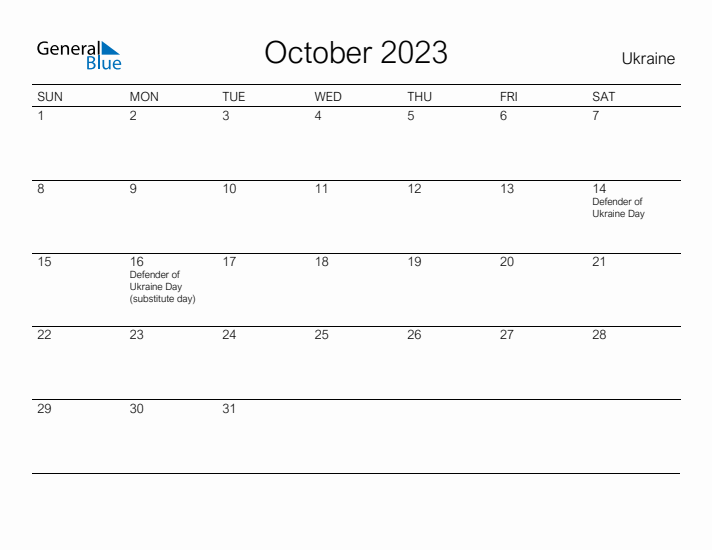 Printable October 2023 Calendar for Ukraine
