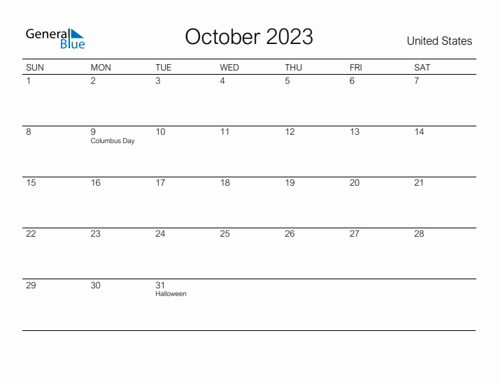 Printable October 2023 Calendar for United States