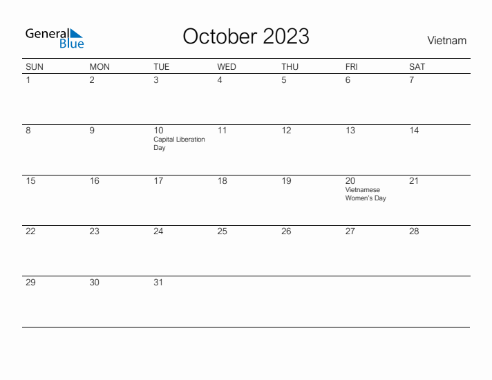 Printable October 2023 Calendar for Vietnam