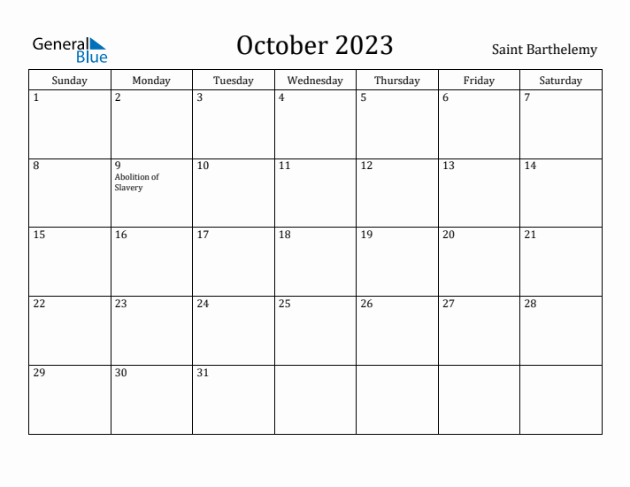 October 2023 Calendar Saint Barthelemy
