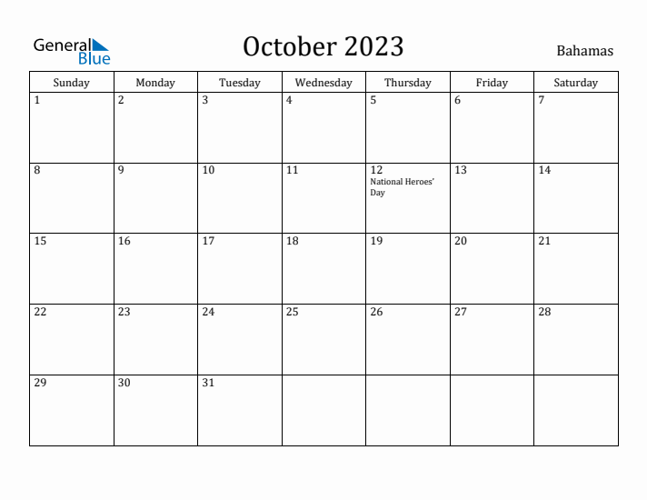 October 2023 Calendar Bahamas