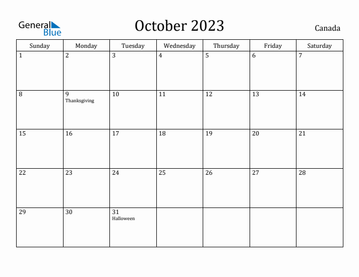 October 2023 Calendar Canada