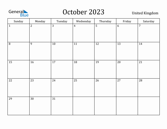 October 2023 Calendar United Kingdom