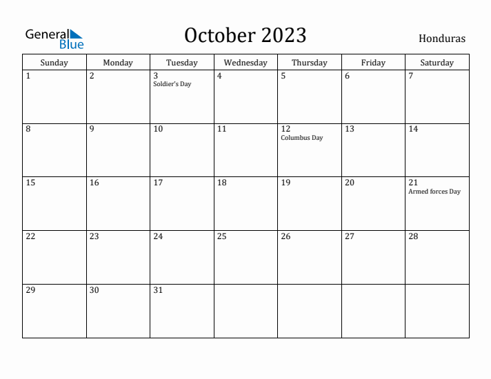 October 2023 Calendar Honduras