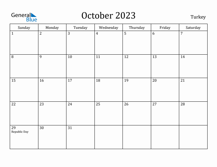 October 2023 Calendar Turkey