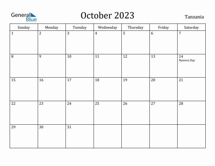 October 2023 Calendar Tanzania