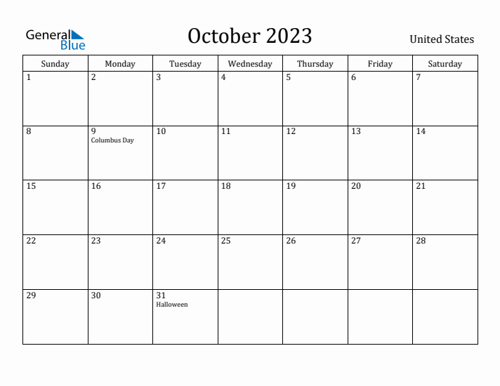 October 2023 Monthly Calendar with United States Holidays