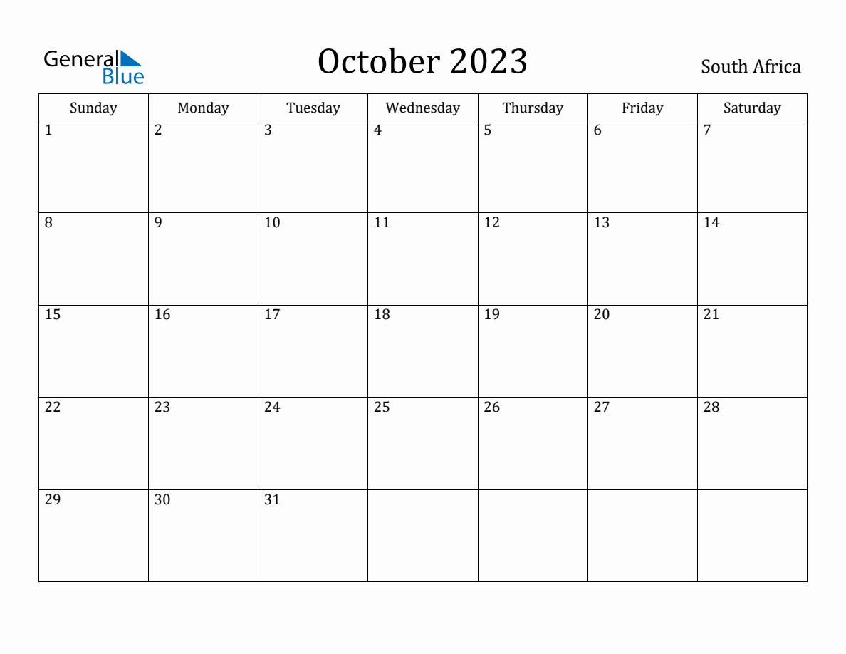 October 2023 Monthly Calendar with South Africa Holidays