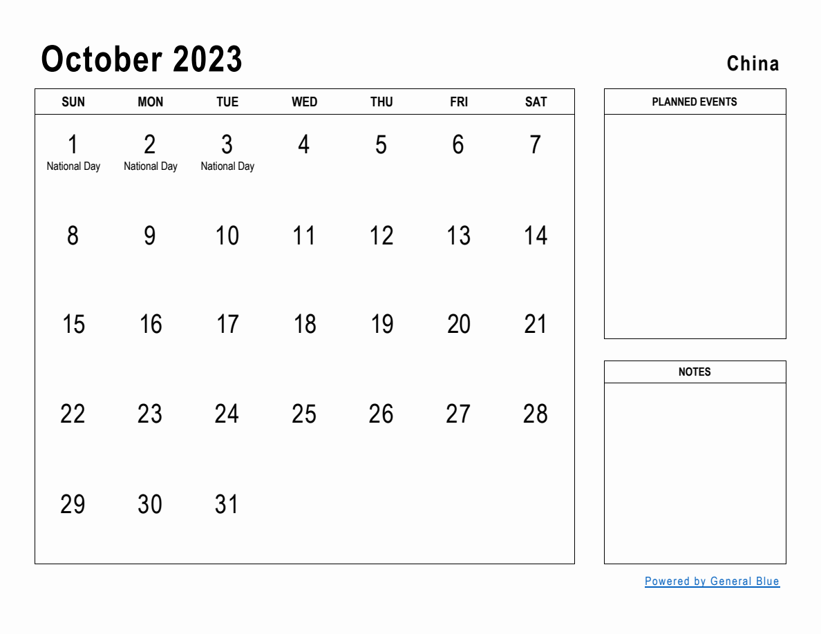 October 2023 Planner with China Holidays