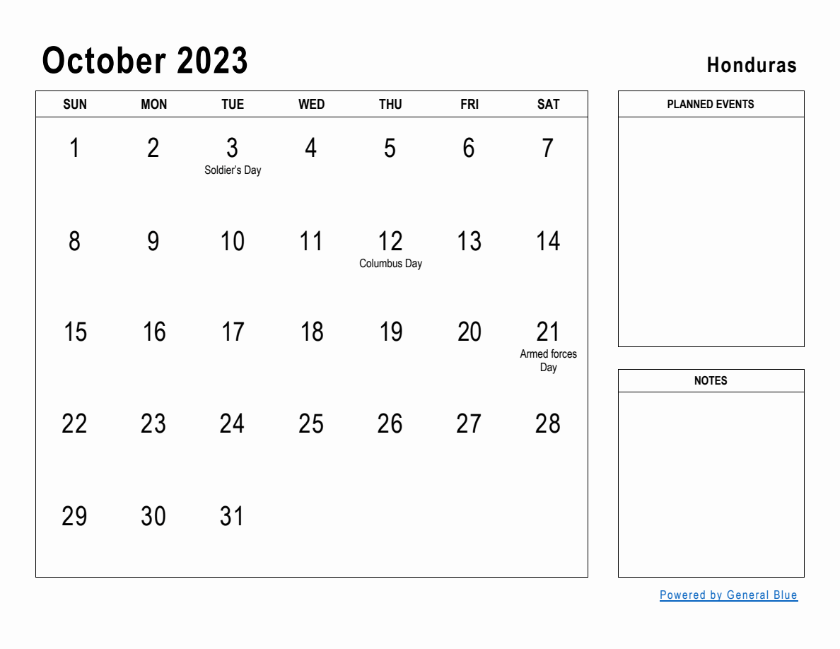 October 2023 Planner With Honduras Holidays