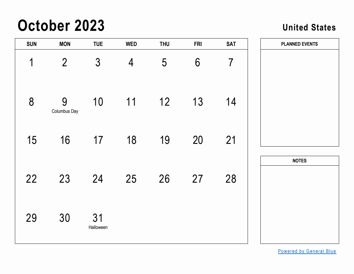 October 2023 Planner with United States Holidays