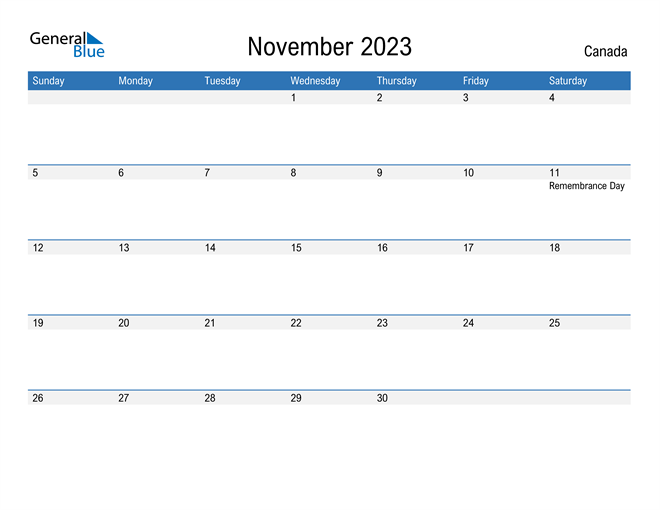 November 2023 Calendar with Canada Holidays