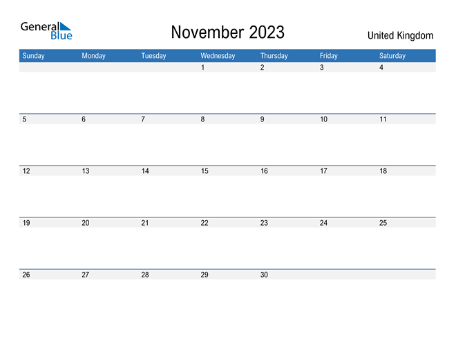 November 2023 Calendar with United Kingdom Holidays