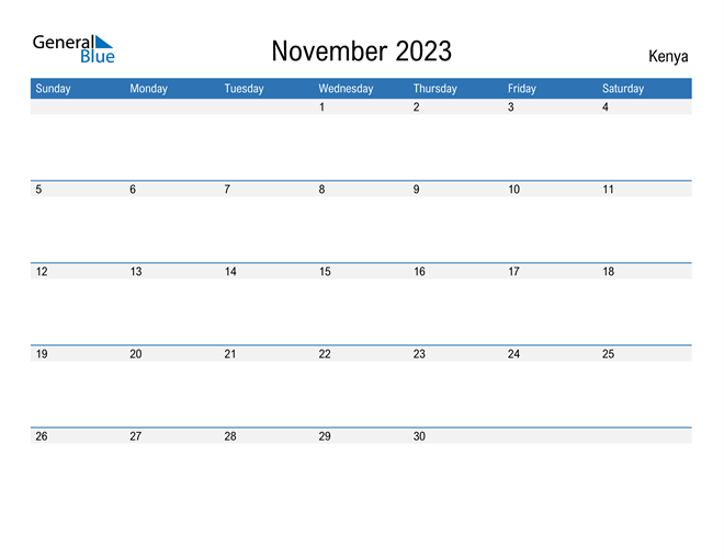 November 2023 Calendar with Kenya Holidays