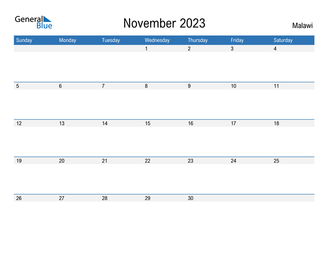 November 2023 Calendar with Malawi Holidays