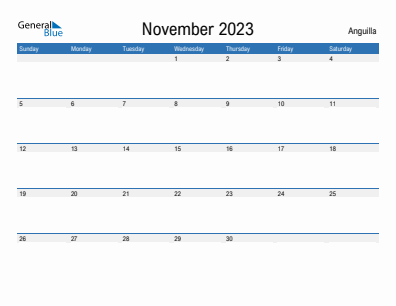 Current month calendar with Anguilla holidays for November 2023