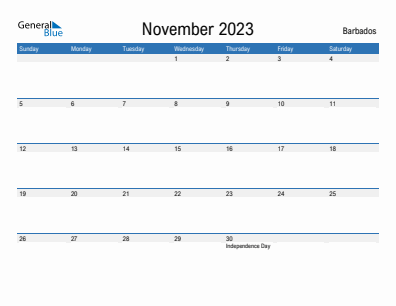 Current month calendar with Barbados holidays for November 2023