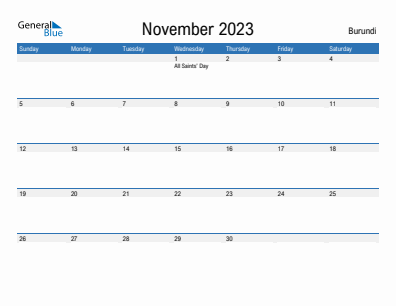Current month calendar with Burundi holidays for November 2023