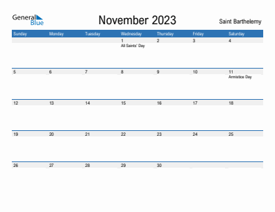Current month calendar with Saint Barthelemy holidays for November 2023