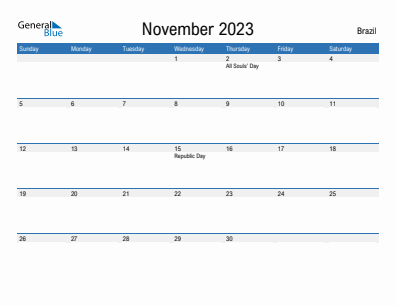 Current month calendar with Brazil holidays for November 2023
