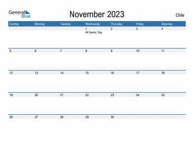 Current month calendar with Chile holidays for November 2023