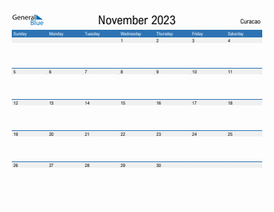 Current month calendar with Curacao holidays for November 2023